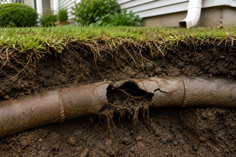 Cutaway view of a damaged residential sewer line underground beside a home, showing a cracked pipe with exposed roots and wet soil beneath a grassy yard.