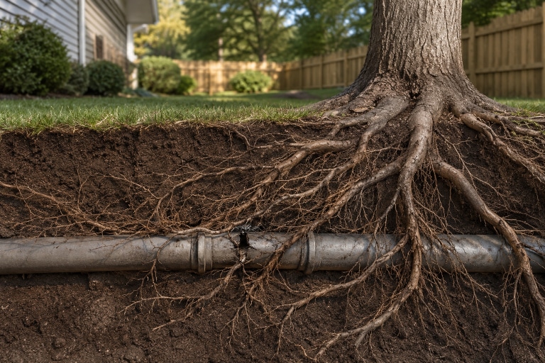 Cutaway view of tree roots growing into a residential sewer pipe beneath a backyard