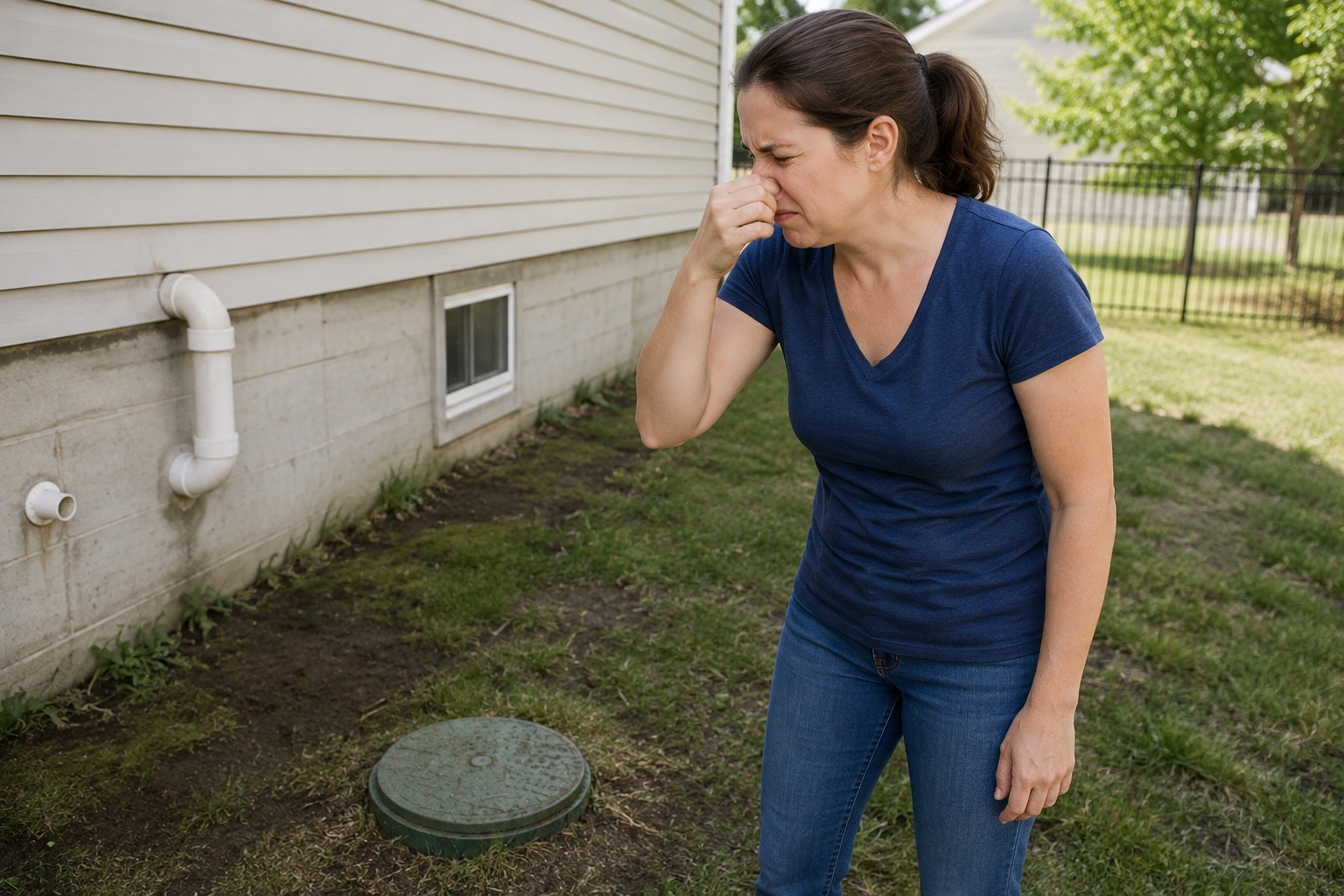 Homeowner pinching her nose near the side of a house because of persistent sewer odors