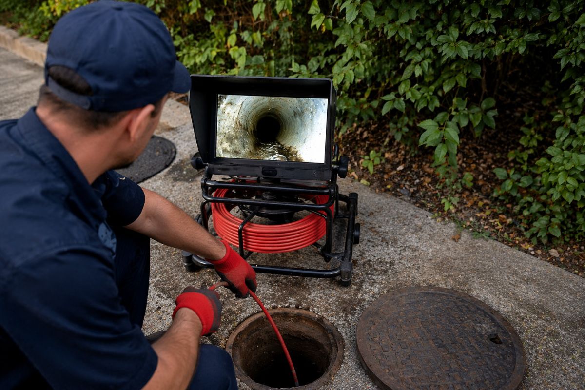 Sewer inspection in progress outdoors