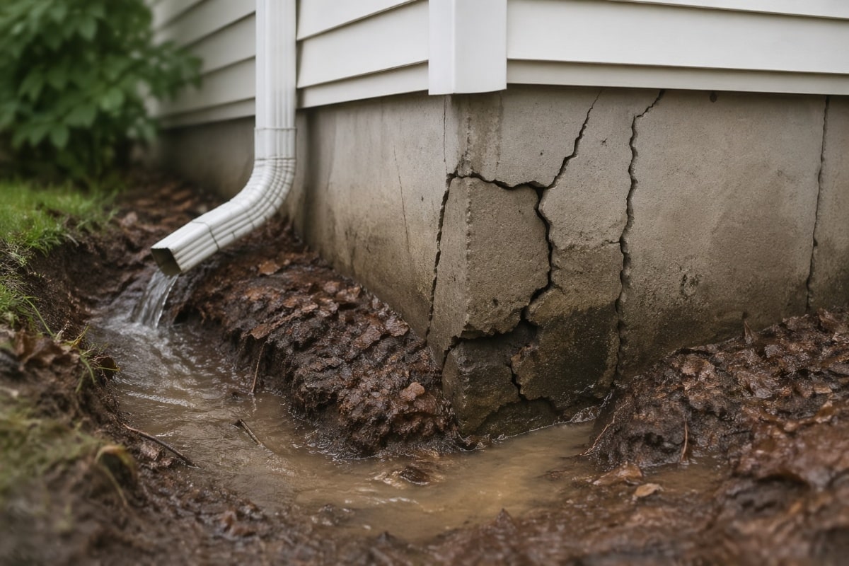 Water pouring from a downspout creates a muddy trench along a home's exterior, where saturated soil surrounds a cracked and deteriorating concrete foundation, illustrating damage caused by poor drainage.