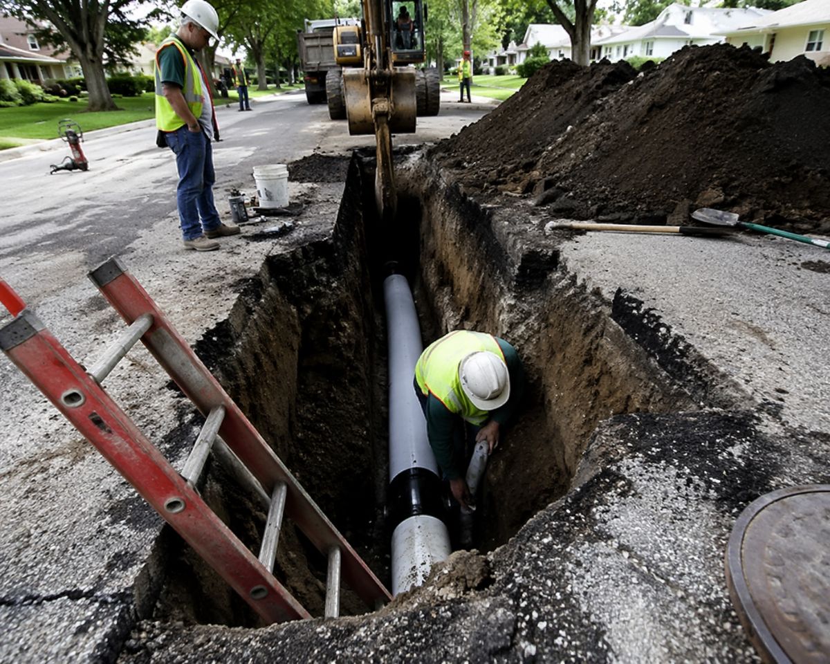 Workers inspecting sewer pipe