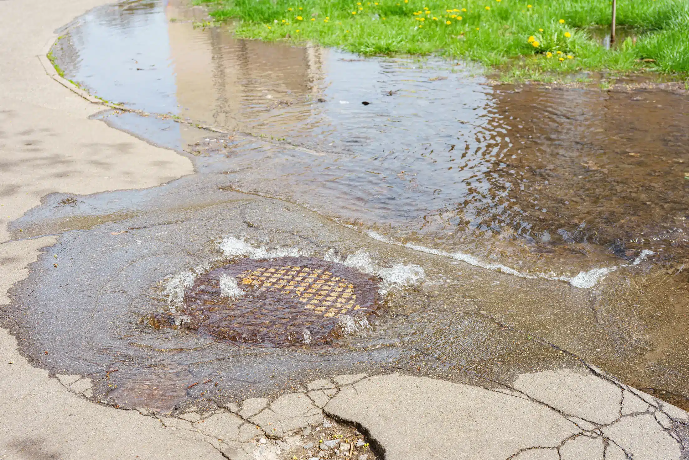 Water bursting from a failed underground line before emergency repair